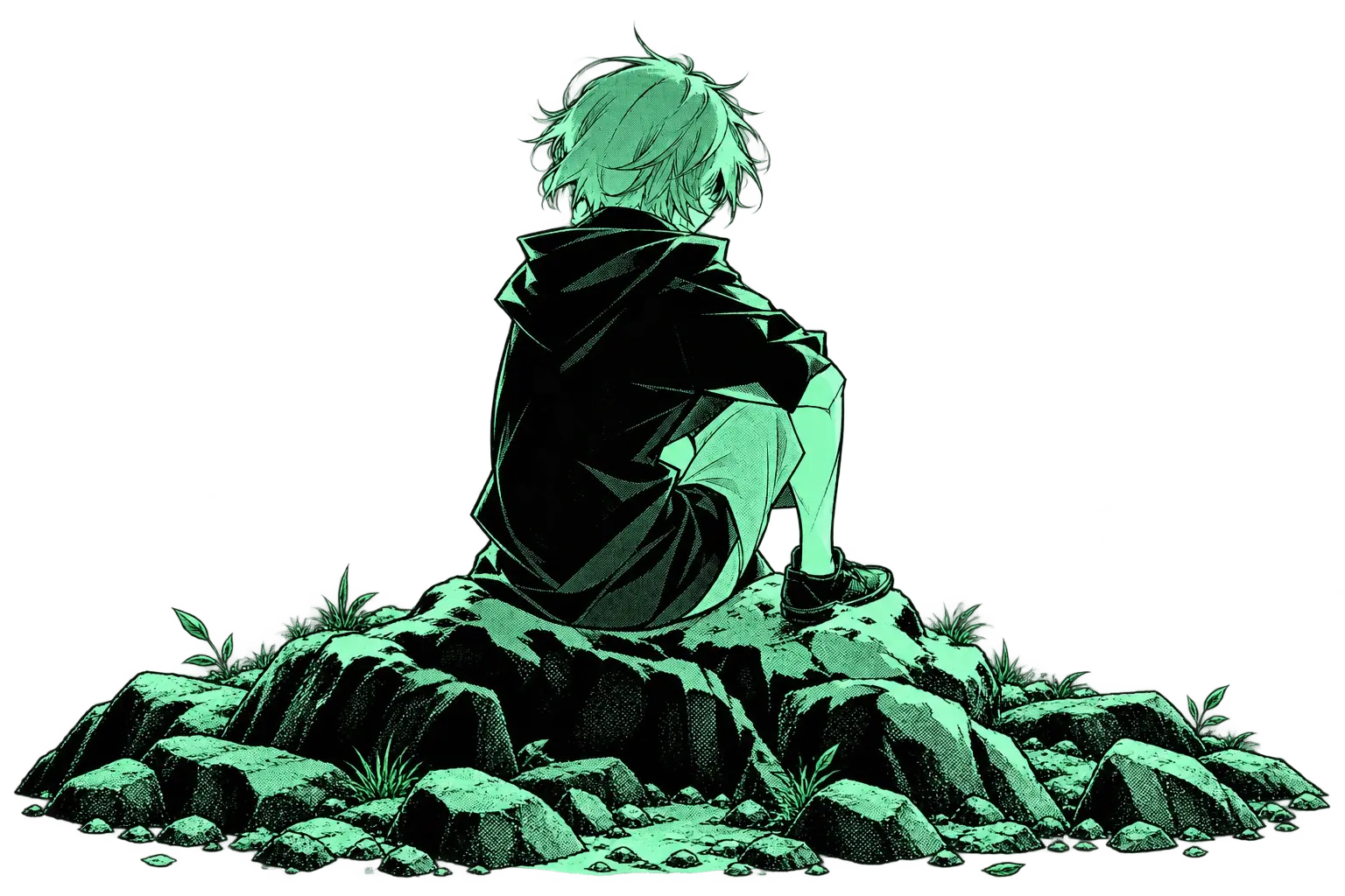 Nirusaki's mint manga portrait, seated in a black cloak above detailed rocks and grass.