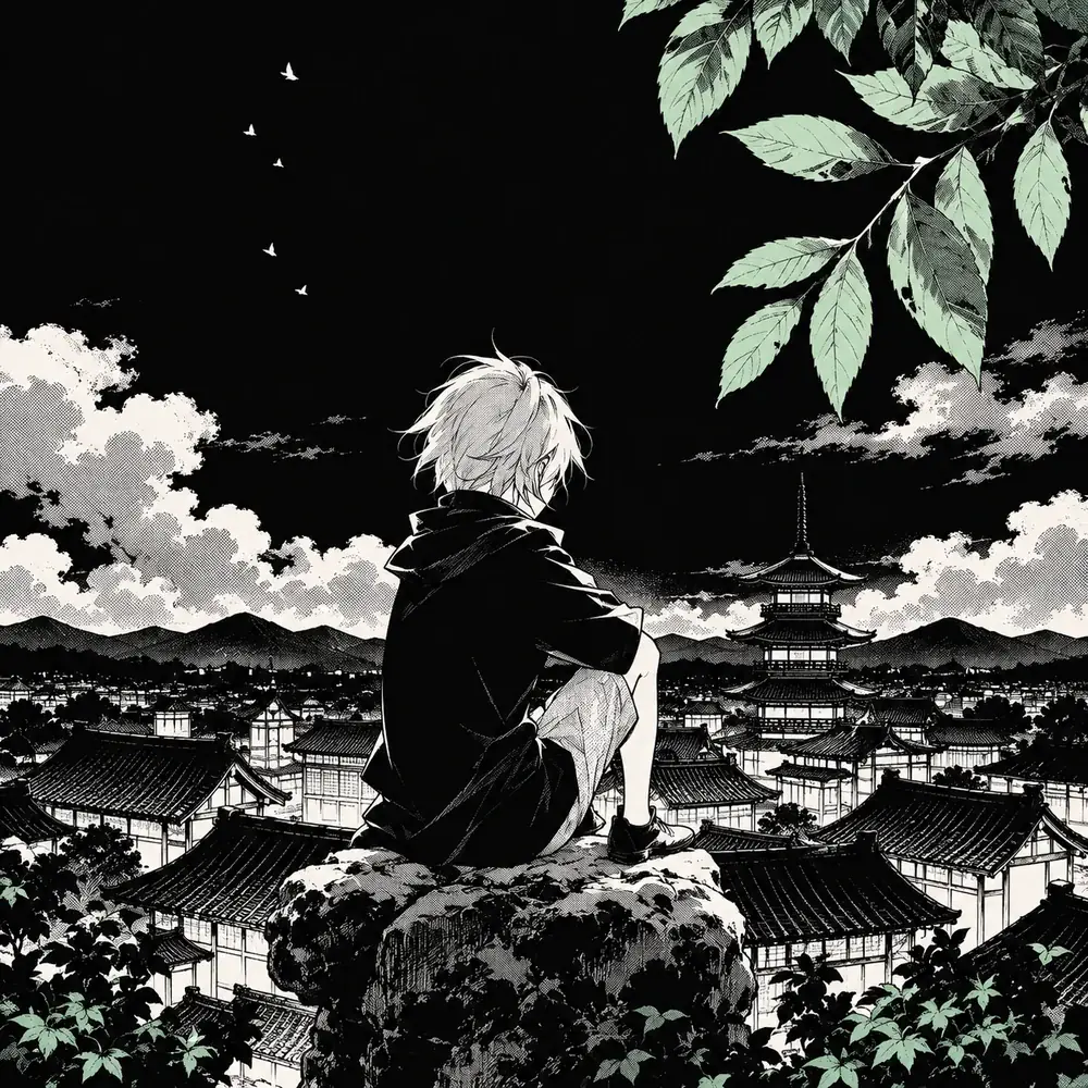 Manga illustration of a cloaked figure overlooking Japanese rooftops at night